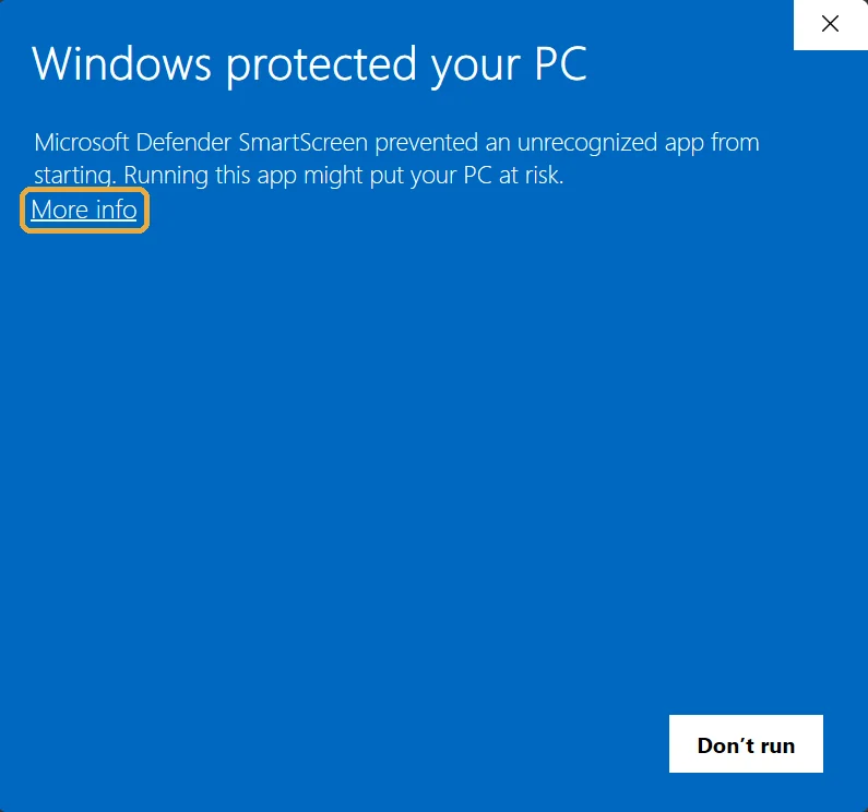 Windows SmartScreen dialog 'Windows protected your PC' with the More info link highlighted