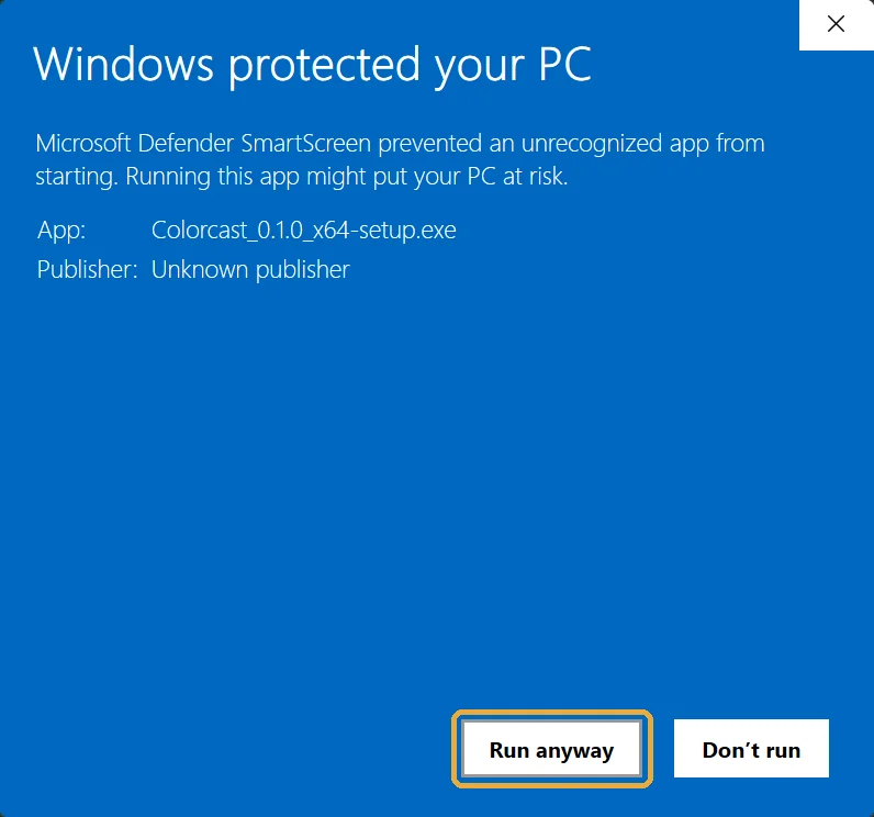 The same dialog after More info, showing Colorcast_0.1.0_x64-setup.exe from Unknown publisher, with Run anyway highlighted